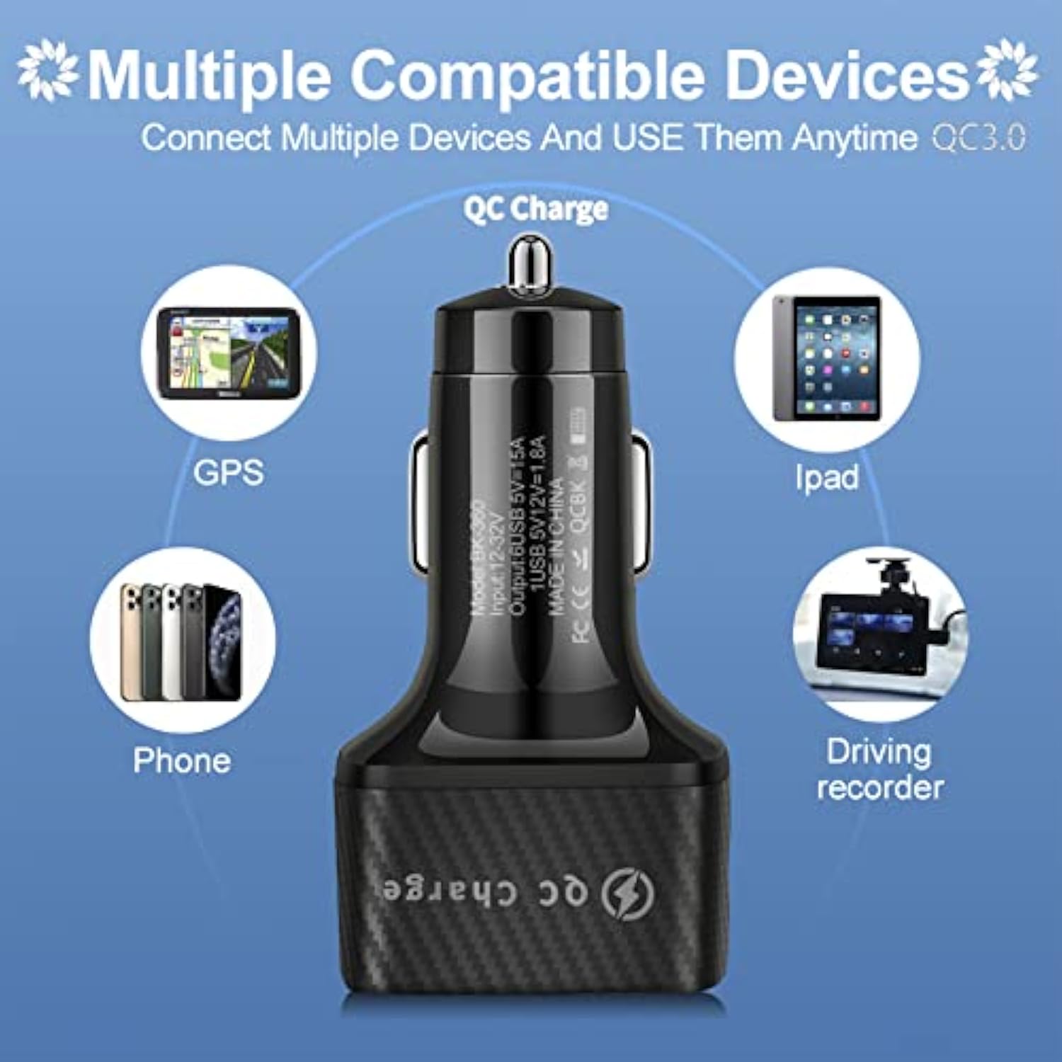 Car Charger Adapter, 6 Usb Multi Port, Fast Charger, Include Qc 3.0 And 5 Other Ports, Car Interior Accessories, Fit For Iphone 13/12/11/Pro, Samsung Galaxy/Note S10/S9/S8, Android - Black