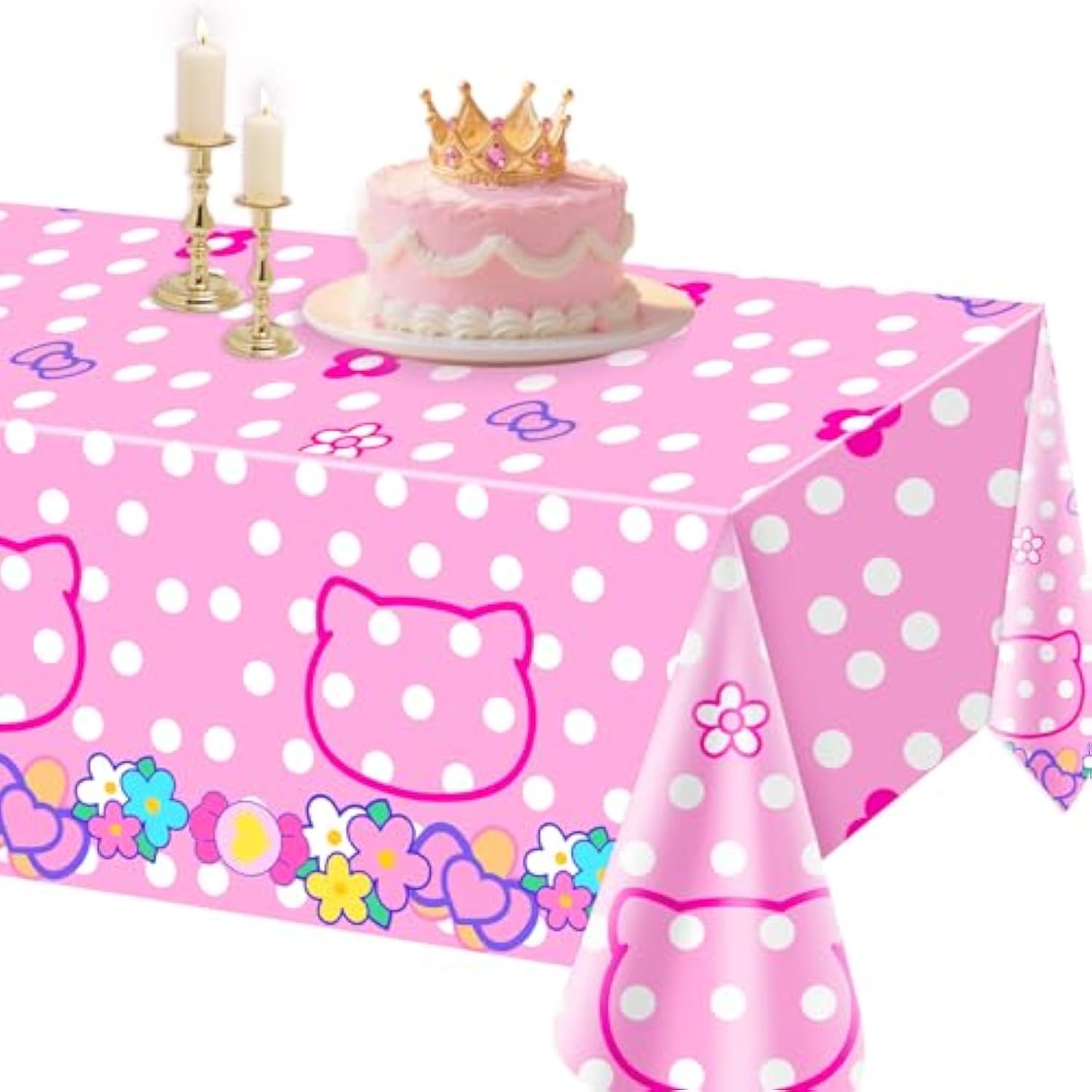 1 Pack Pink Kitty Tablecloth, Cat Disposable Plastic Pink Bow White Dot Table Covers For Birthday Party Decorations, Baby Shower Party Decor Supplies- 54 X108In