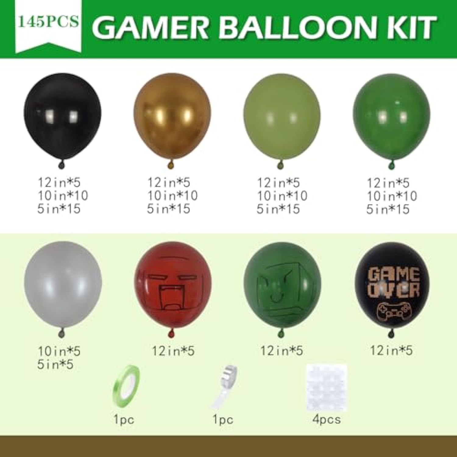 Video Game Birthday Decorations Pixel Miner Birthda Party Balloon Arch Kit 145Pcs Black Green Gold Balloon Garland For Boys Girls Game Theme Birthday Decorations