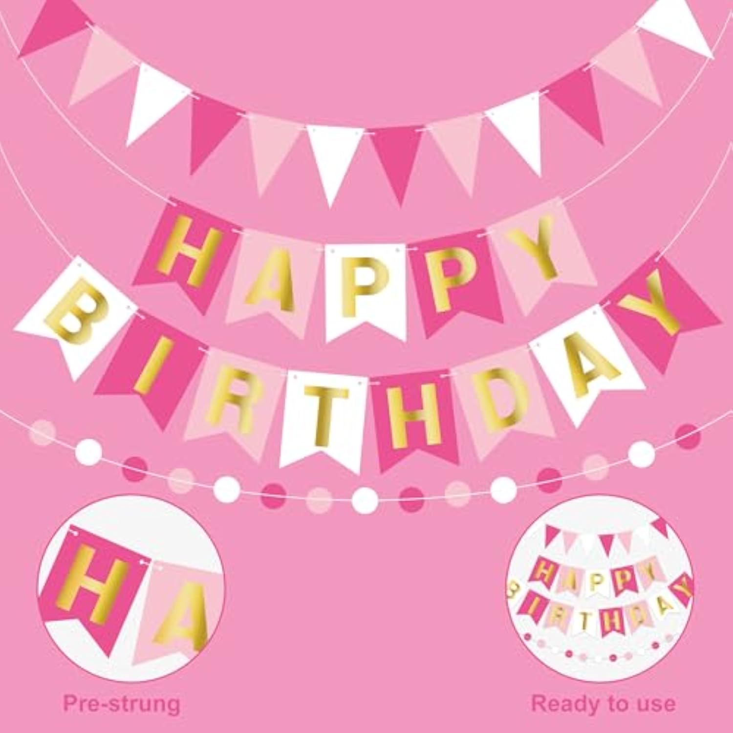 Pink Happy Birthday Banner Pre-Strung Happy Birthday Bunting Banner With Golden Letters Rose Pennant Flags Sparkle Birthdays Decor Pink Themed Party Supplies For Women Girls Kids Adults