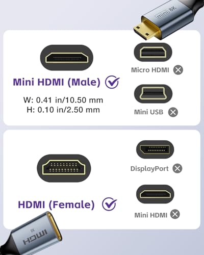Mini HDMI to HDMI Adapter Cable, 8K@60Hz/4K@120Hz, HDR Gold-Plated 7 inch High-Speed Mini HDMI Male to HDMI Female 48Gbps Cord for Camera, Raspberry