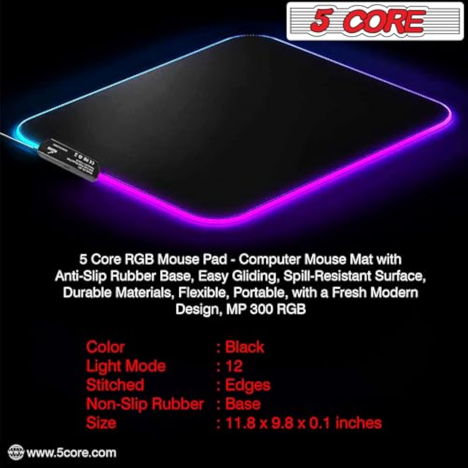 Rgb Gaming Mouse Pad Medium 11.8 X 9.8 Inch 12 Led Lighting Modes Desk Mouse Mat Non-Slip Rubber Base Waterproof Durable Mousepad For Gaming Sensors Designed For Maximum Control Mp 300 Rgb