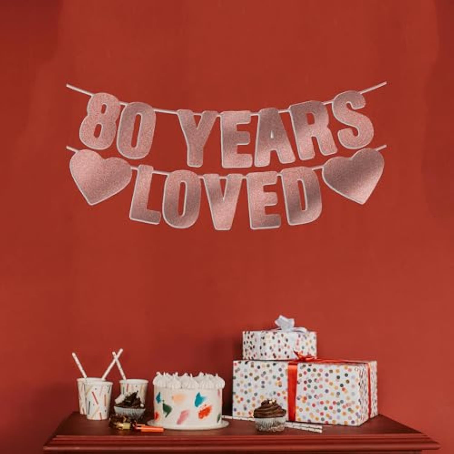 Pre-Strung 80th Birthday Banner Rose Gold Glitter Birthday Decorations