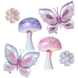 6Pcs Pink Purple Mushroom Balloons Butterfly Balloon For Fairy Birthday Party Decoration Enchanted Wonderland Birthday Party Fantasy Fairy Garden Party Alice Parties Decorations