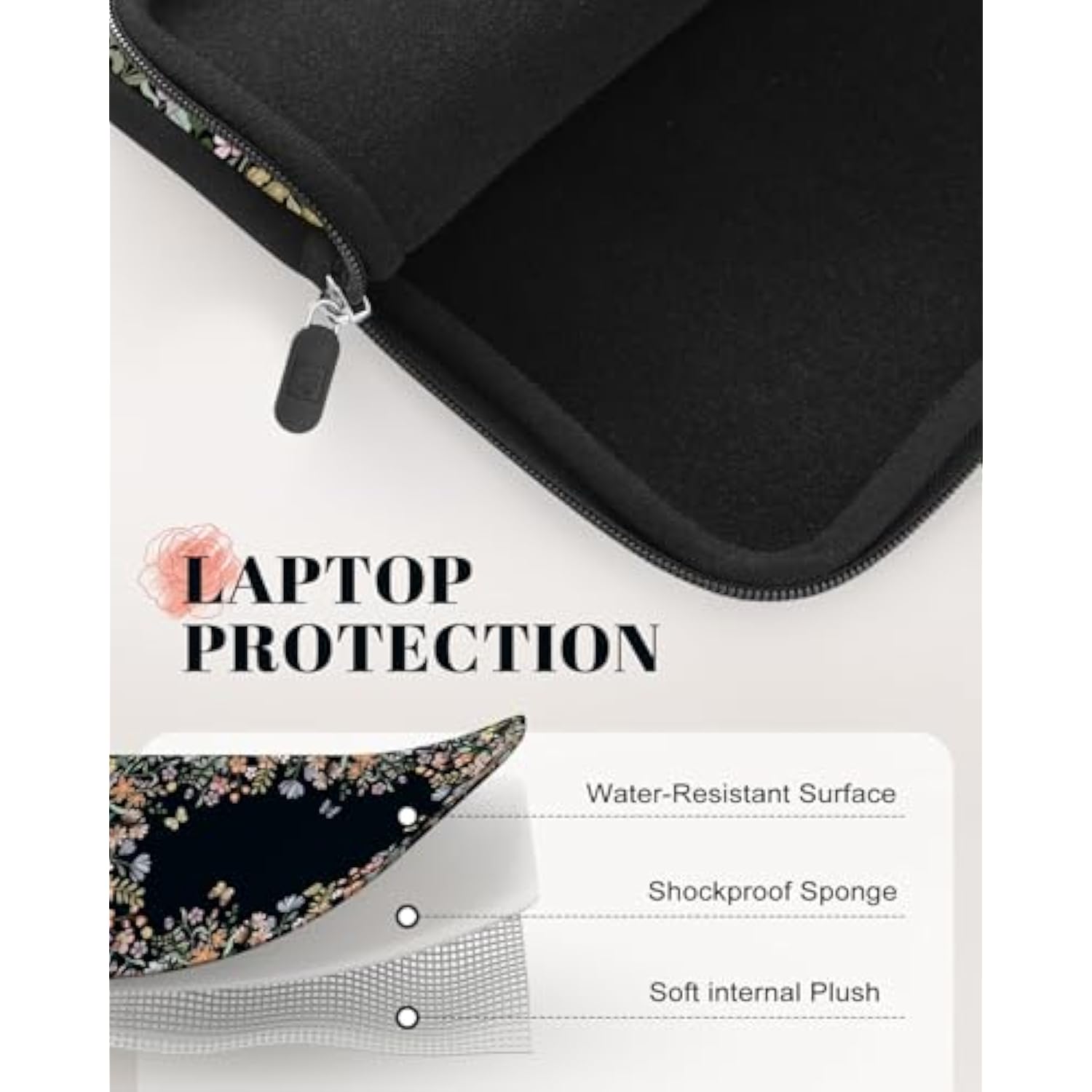 Floral Laptop Sleeve 13 Inch, Compatible With Macbook Air Pro 13-14 Inch, Slim Protective Laptop Case For Chromebook, Hp, Dell, 14 Inch Sleeve For Women Girls (Black)