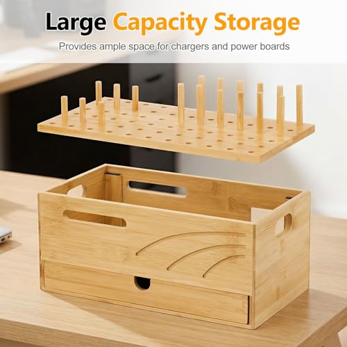 Bamboo Charging Station Organizer: 2 Layer Charger Holder with Drawer for Office Home - Electronic Docking Stand for Multiple Devices, Tablets, Phones