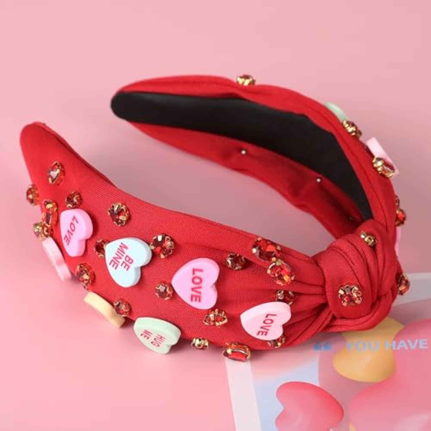 Valentine’S Day Headband For Women Candy Love Conversation Heart Headband Jeweled Beaded Heart Knotted Hairband Sparkly Red Pink Rhinestone Head Band Valentines Accessories Gifts
