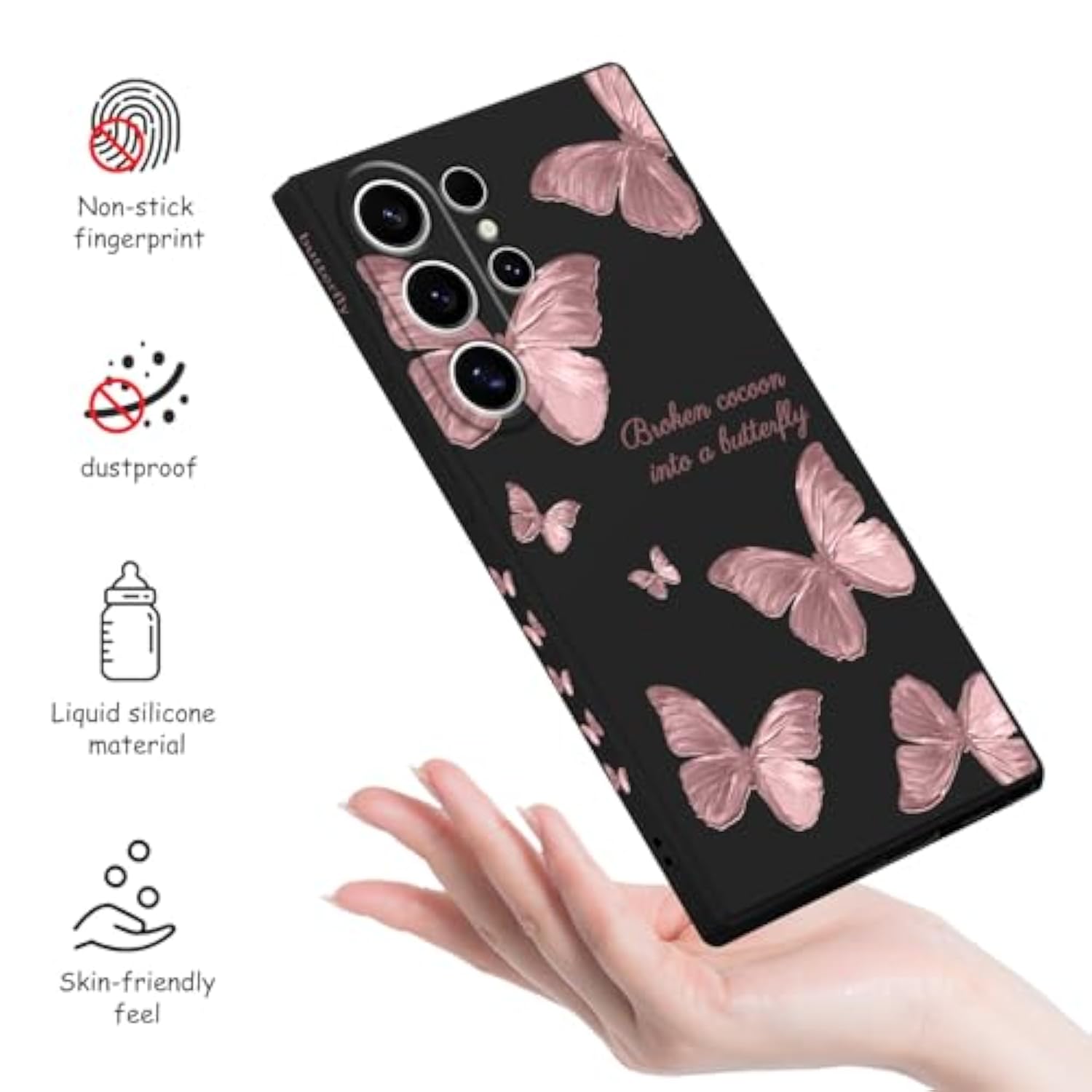 For Samsung Galaxy S24 Ultra Case, Creative Flower Pattern Design Phone Cover Drop Protection Soft Ultra Thin Scratch Resistant Microfiber Lining Inner For Galaxy S24 Ultra-Butterfly Black