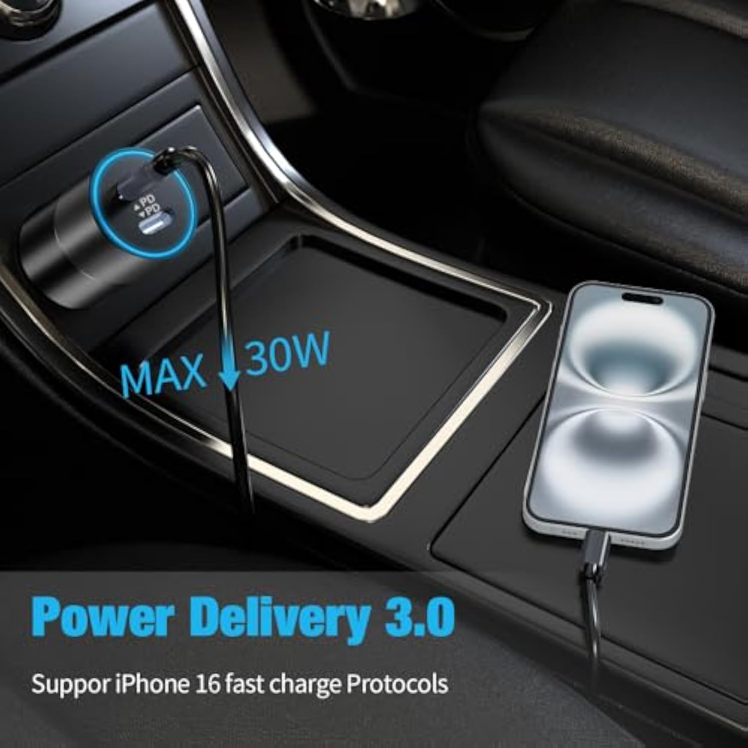 60W Fast Usb C Car Charger, Dual 30W Pd 3.0 Charging Ports Cigarette Lighter Adapter For Iphone 16/15 Pro Max/Plus, Ipad, Google Pixel 9, Samsung Galaxy S25/S24, Android Phone With 3.3Ft Type C Cable