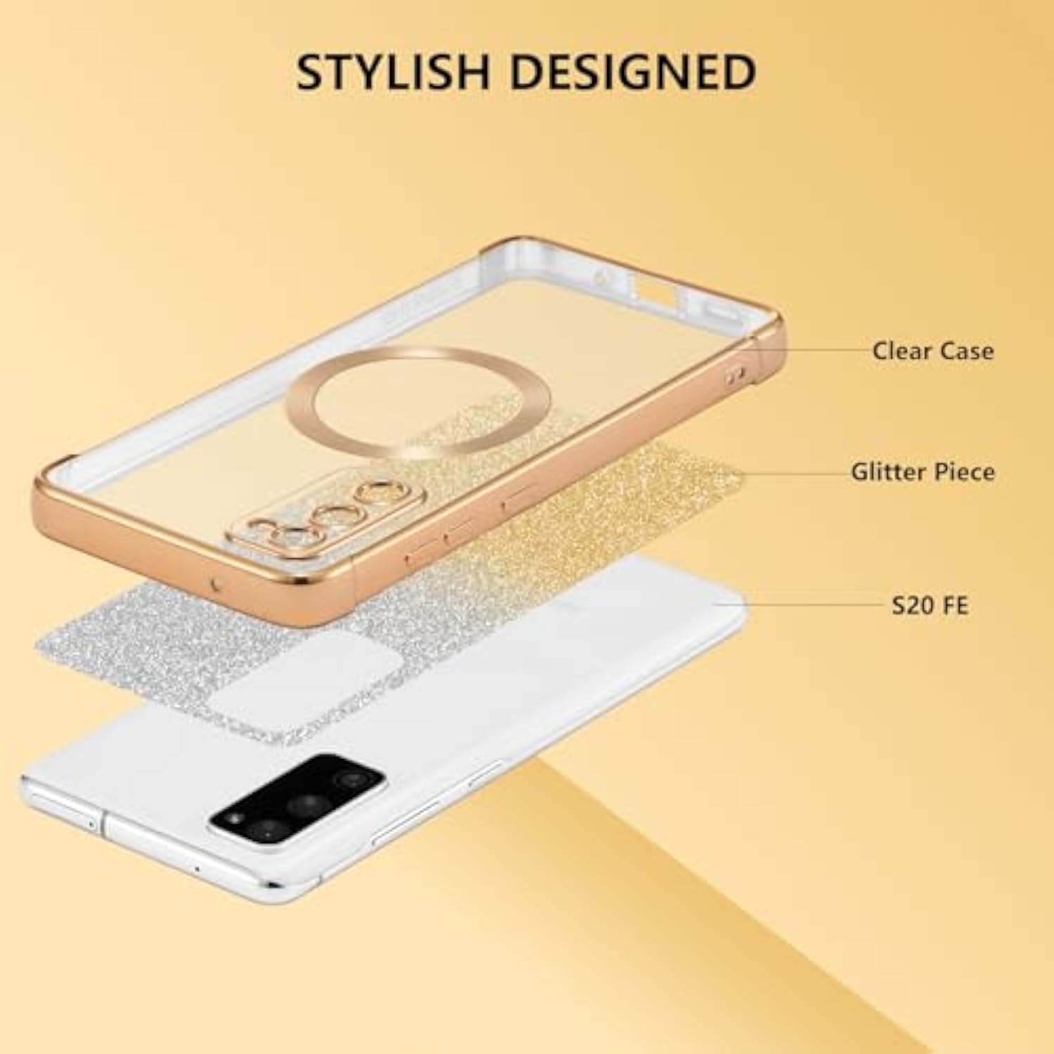 Clear Magnetic Case For Samsung Galaxy S20 Fe 5G With Gradient Glitter Peice(2 In 1), Luxury Plating Cute Transparent Bling Sparke Case For Women Girls,Shockproof Tpu Protector Cover-Gold