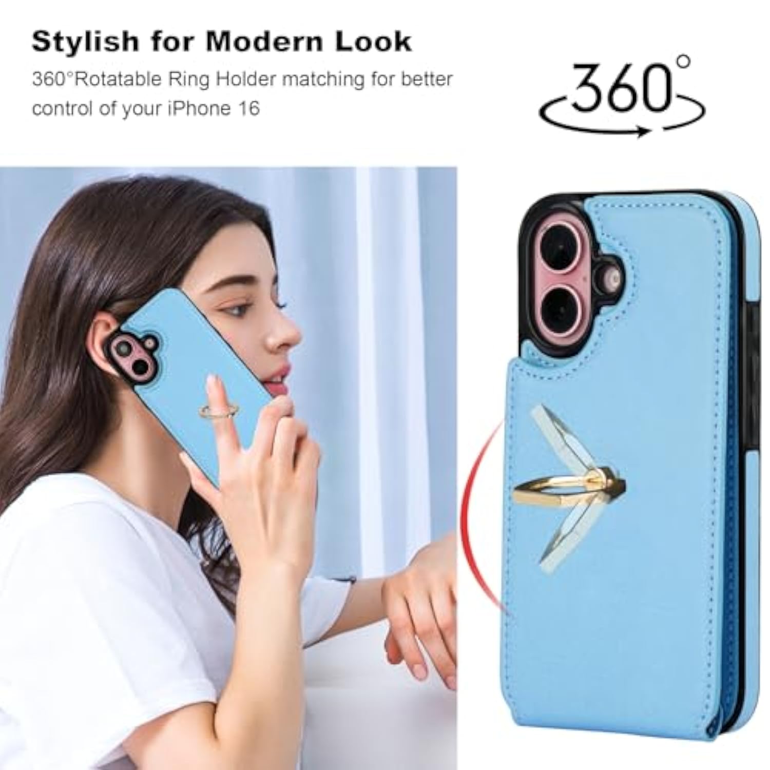 Compatible With Iphone 16 Case Wallet With Card Holder, 360°Rotation Finger Ring Holder Kickstand, Rfid Blocking Leather Protective Double Buttons Shockproof Cover 6.1 Inch Blue