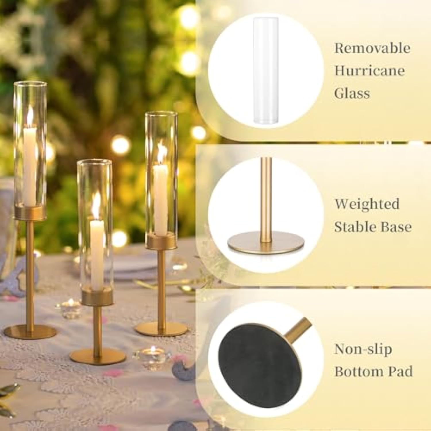Gold Candle Holders Hurricane Candlestick Holders, 3Pcs Brass Candle Stick Candle Holder Candelabra, Taper Candle Holders With Glass Candle Cover For Wedding Table Centerpiece Christmas Decor