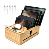 Bamboo Charging Station Organizer for Multi-Devices with Tray, Nightstand Desk Electronic Organizer Stand for Cell Phone, Tablet, Etc (with 5-Cable,