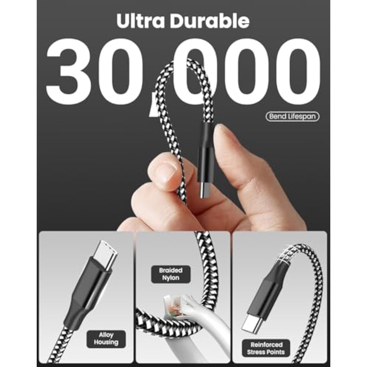 Usb C Cable Fast Charging, 3 Pack 10Ft Usb C To Usb C Cable, 60W Type C Nylon Braided Charger Cable For Iphone 16/15/Ipad Macbook Carplay And More-(Black White)