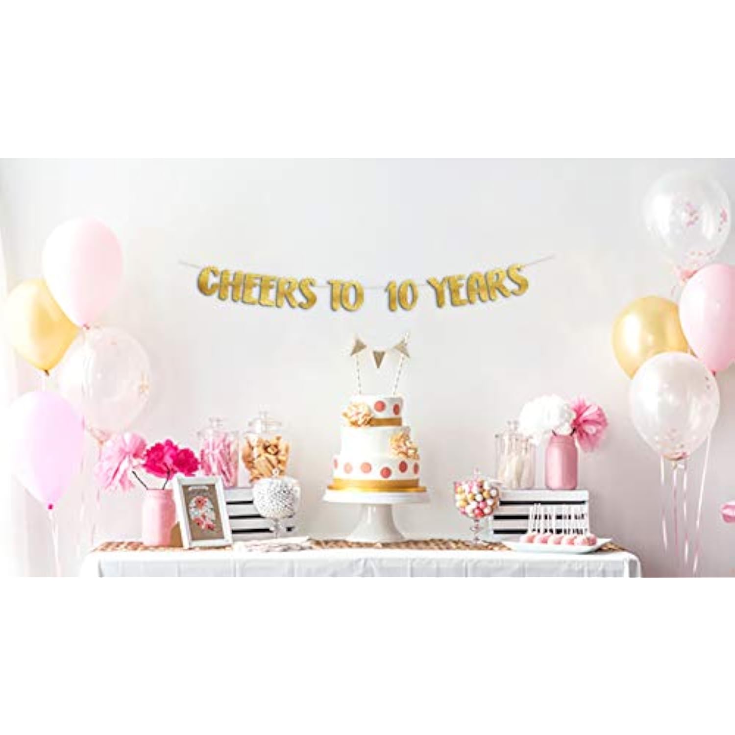 Cheers To 10 Years Gold Glitter Banner - 10Th Anniversary And Birthday Party Decorations