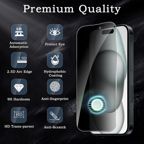 [2+2 Pack] Privacy Screen Protector for iPhone 15, Anti-Spy Shatterproof Tempered Glass with Camera Lens Tempered Glass 9H Hardness Bubble Free