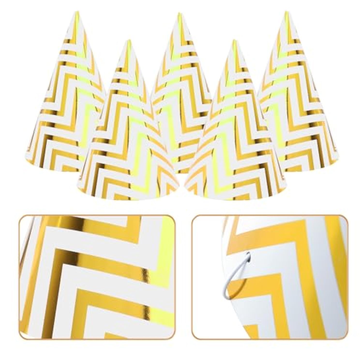 10 Pack Gold Party Hats For Adults And Kids, Birthday Party Hats Bulk With Adjustable Elastic String, Diy Paper Cones 7.9 Inch, Metallic Foil Wave Pattern For Men Women Pets New Years Eve Props