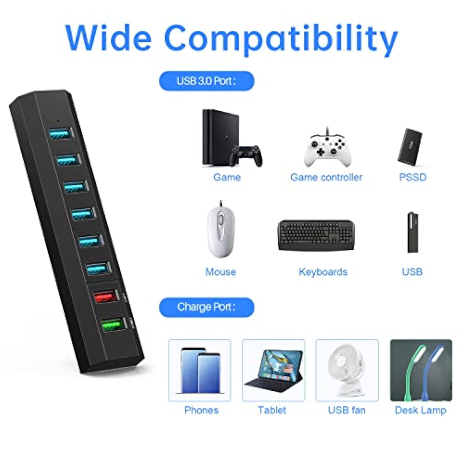 Powered Usb Hub, 8-Port Usb Hub 3.0 Powered Usb Splitter With 2 Fast Charging