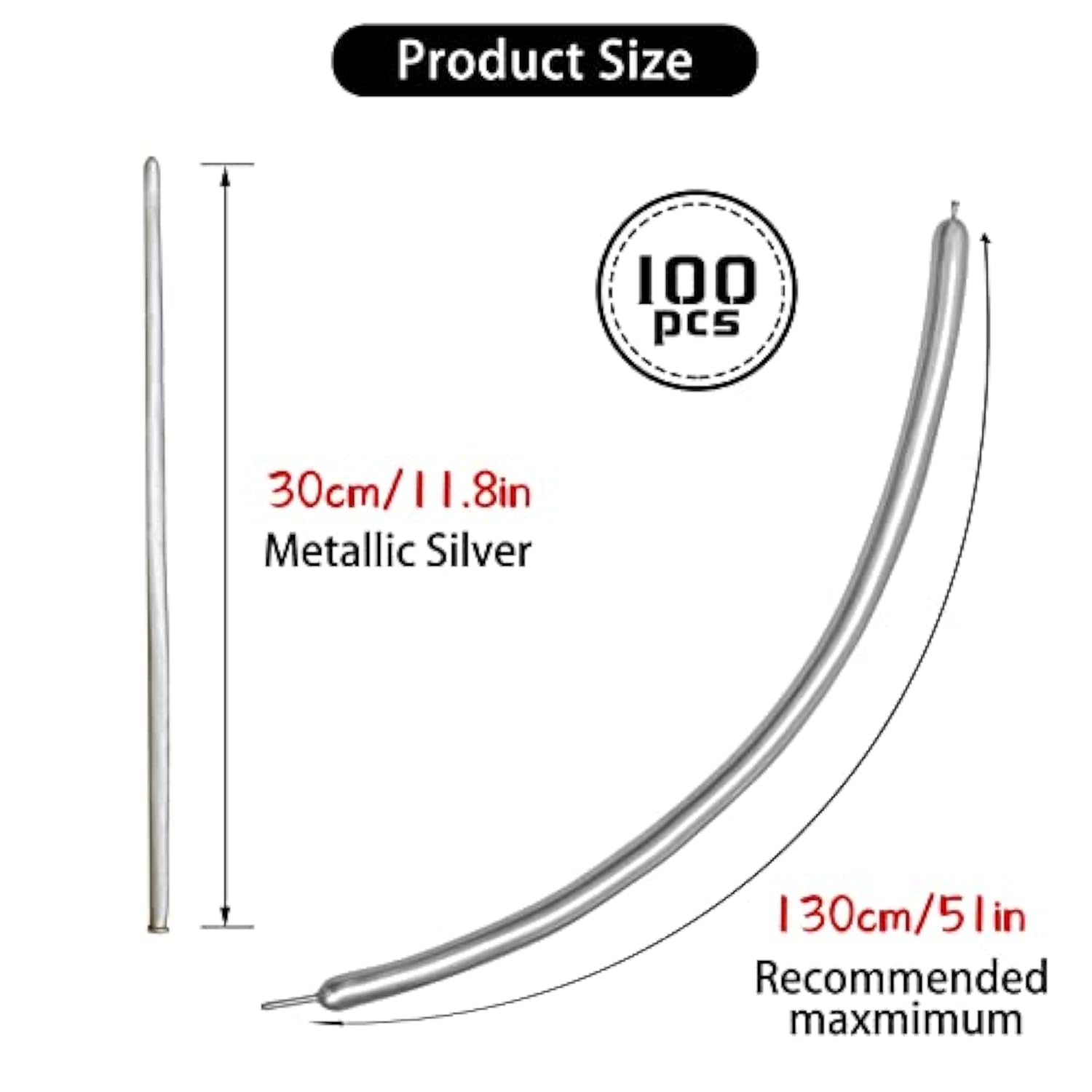 100-Pack Silver Metallic 260 Long Balloons – Shiny Latex Modeling Balloons for DIY Parties & Events