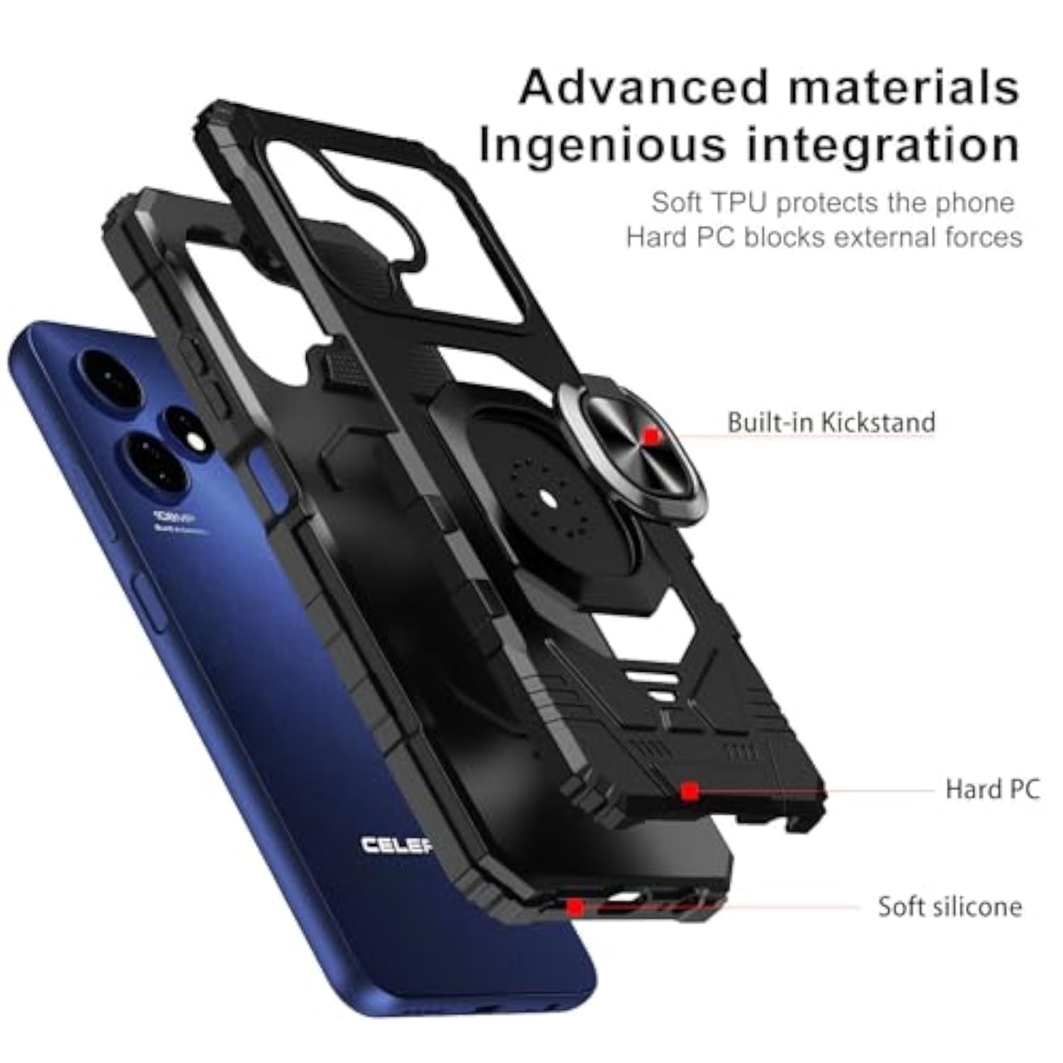 Boost Mobile Celero5G+ 2024, Celero 5G Plus 3rd Version Shockproof Phone Case with Ring Stand RS7 Black
