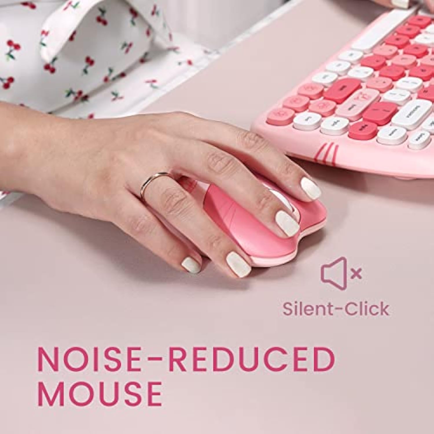 Perixx PERIDUO-715 Wireless Mini Keyboard and Mouse Set - Cute Cat-Like Design - Pink Candy Colors - Type-C Adapter - US English