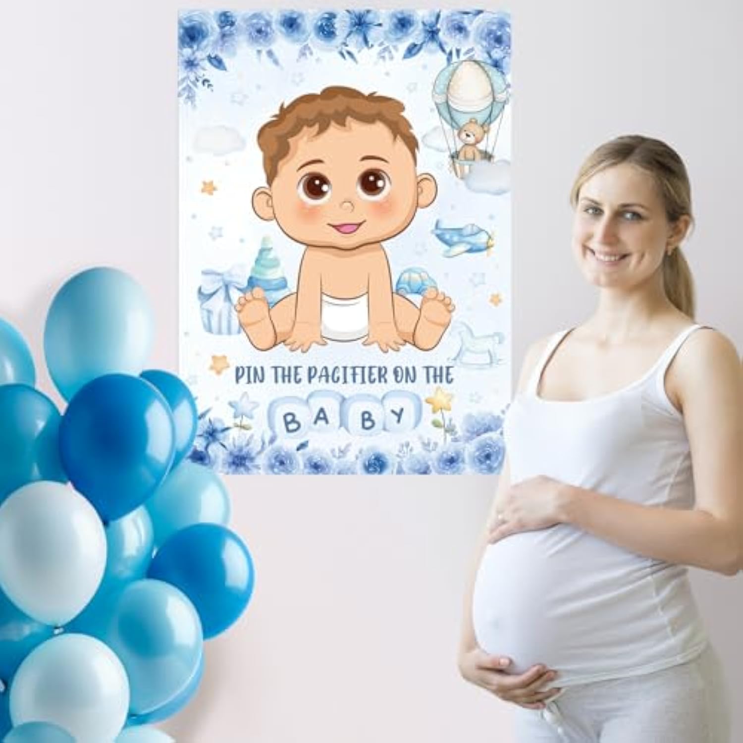 Pin The Pacifier On The Baby Game, Blue Baby Shower Decoration Pin Pacifier On Baby Poster Game With Poster 48 Pacifier Stickers Blindfold Game For Blue Bear Baby Shower Birthday Party Decorations