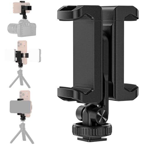 Tripod Phone Mount, Dual Phone Holder with 4 Cold Shoe and 1/4" Screw, 360° Rotates and 180° Tilts Adjustable Cold Shoe Mount for Phone, Camera,