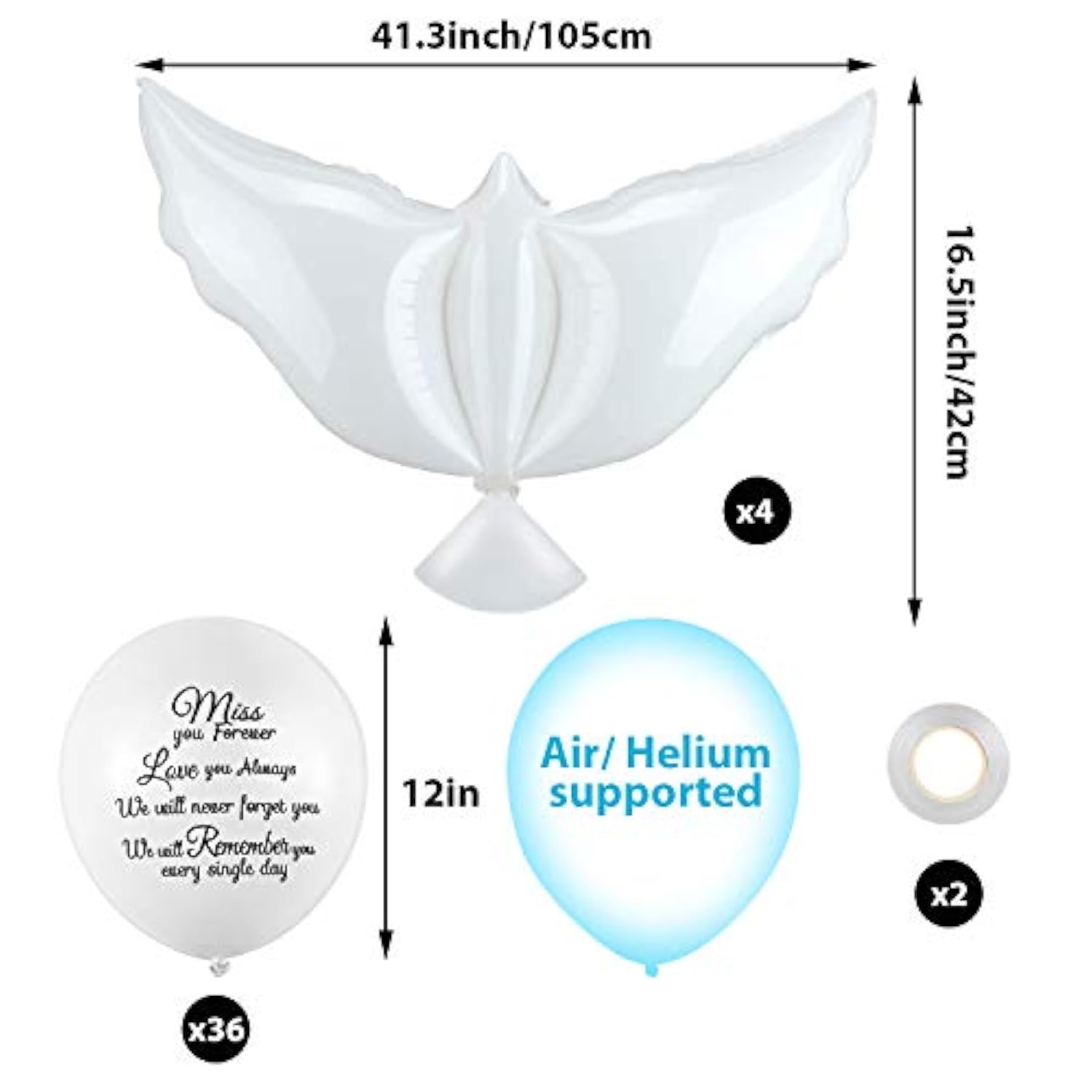 White Memorial  Dove Balloons  36 Pcs for Funerals Remembrance Events