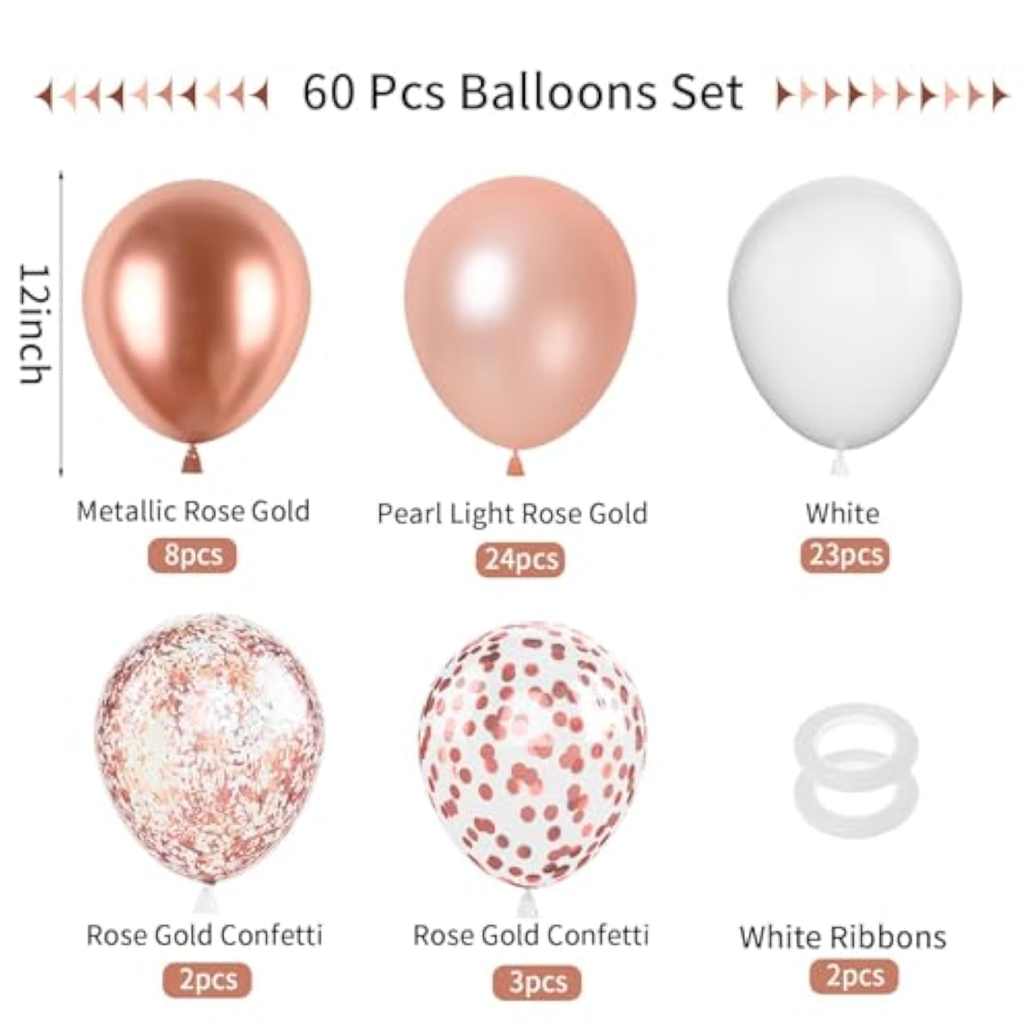 Rose Gold And White Balloons, 60Pcs Pearl Rose Gold Balloons, 12 Inch Metallic Rose Gold Confetti Balloons Helium Rose Gold Latex Balloons For Baby Shower Wedding Birthday Party Decorations