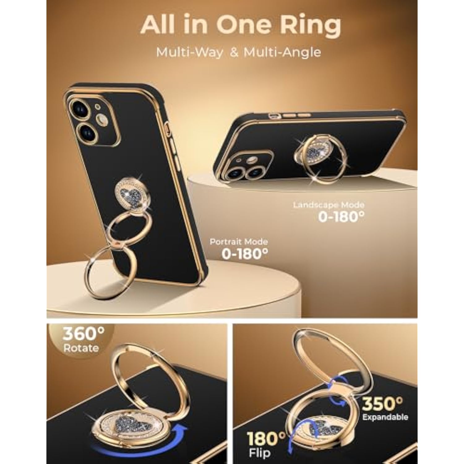 For Iphone 11 Case With Stand, Phone Case With Double Ring Kickstand, Women Girls Bling Luxury Protective Case Heart For Iphone 11, Black