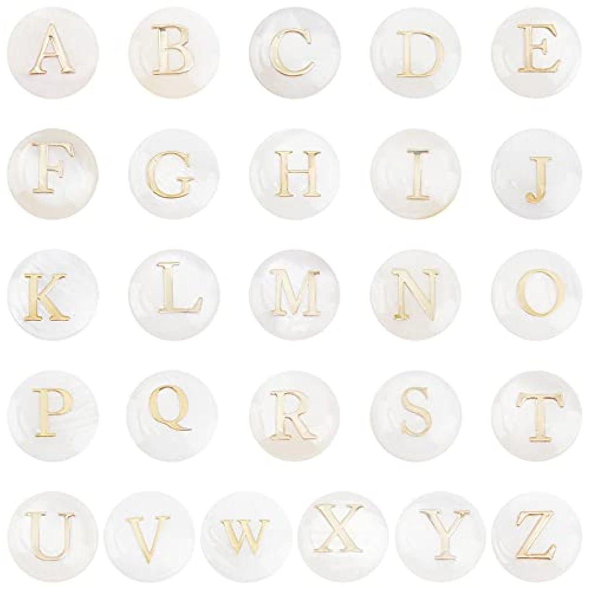 52pcs Alphabet A-Z Shell Beads, Flat Round Freshwater Beads for Boho Jewelry Making