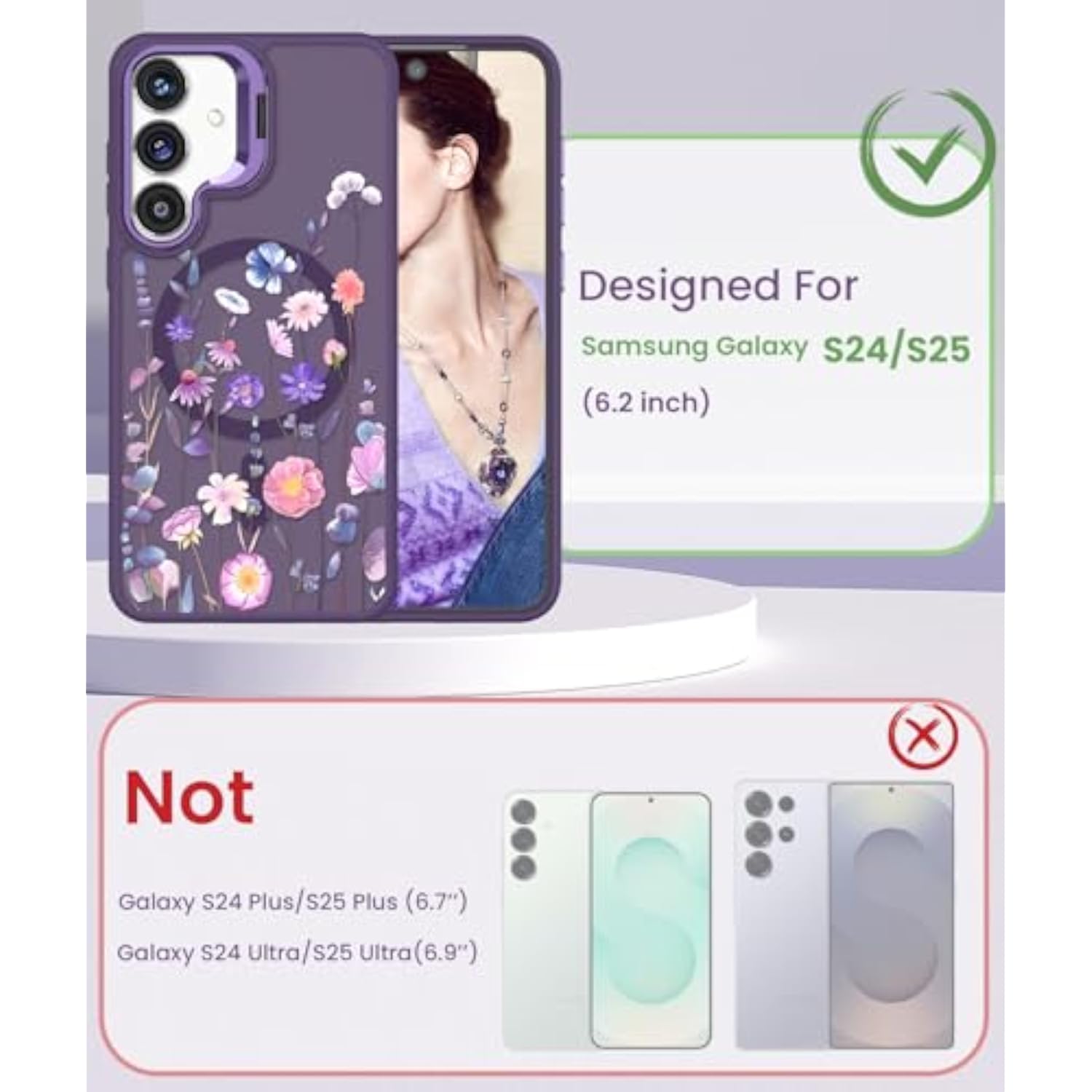 Floral Magnetic Phone Case for Samsung Galaxy S24/S25 with Built-in Lens Stand and 2X Screen Protector