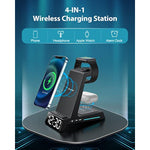 Wireless Charging Station - 4 In 1 Wireless Charger With Alarm Clock, Charging Stand Dock For Iphone 16 15 14 13 12 11 X 8, For Airpods 3 Pro, Apple Watch 9/8/7/6/5/Se/4/3/2