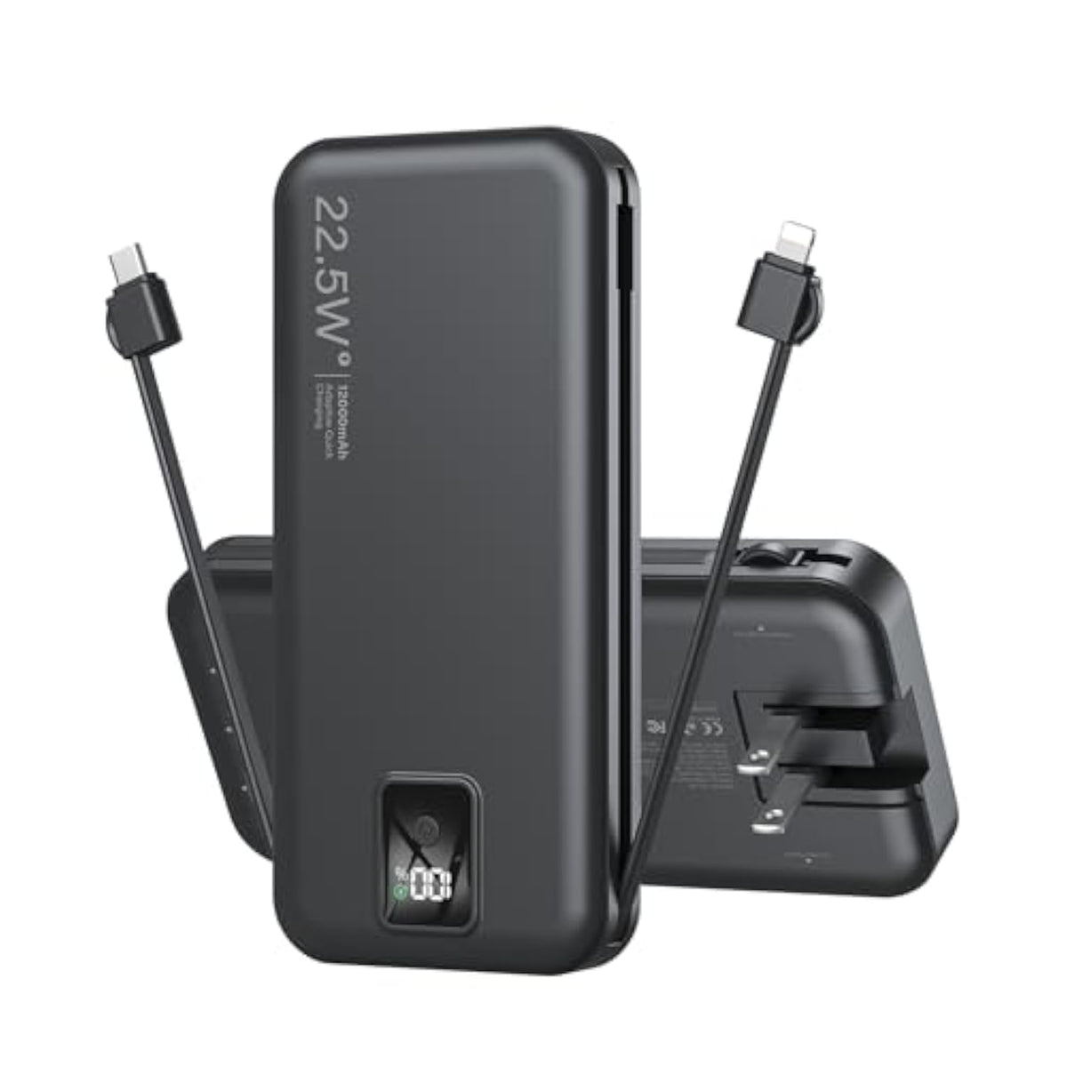 Portable Charger Built-In Cables And Ac Wall Plug, 12000Mah Power Bank, Usb C 22.5W Fast Charging Phone Charger ,Compact Lightweight External Battery Pack For Iphones, Ipad, Samsung?Tablets, Etc.