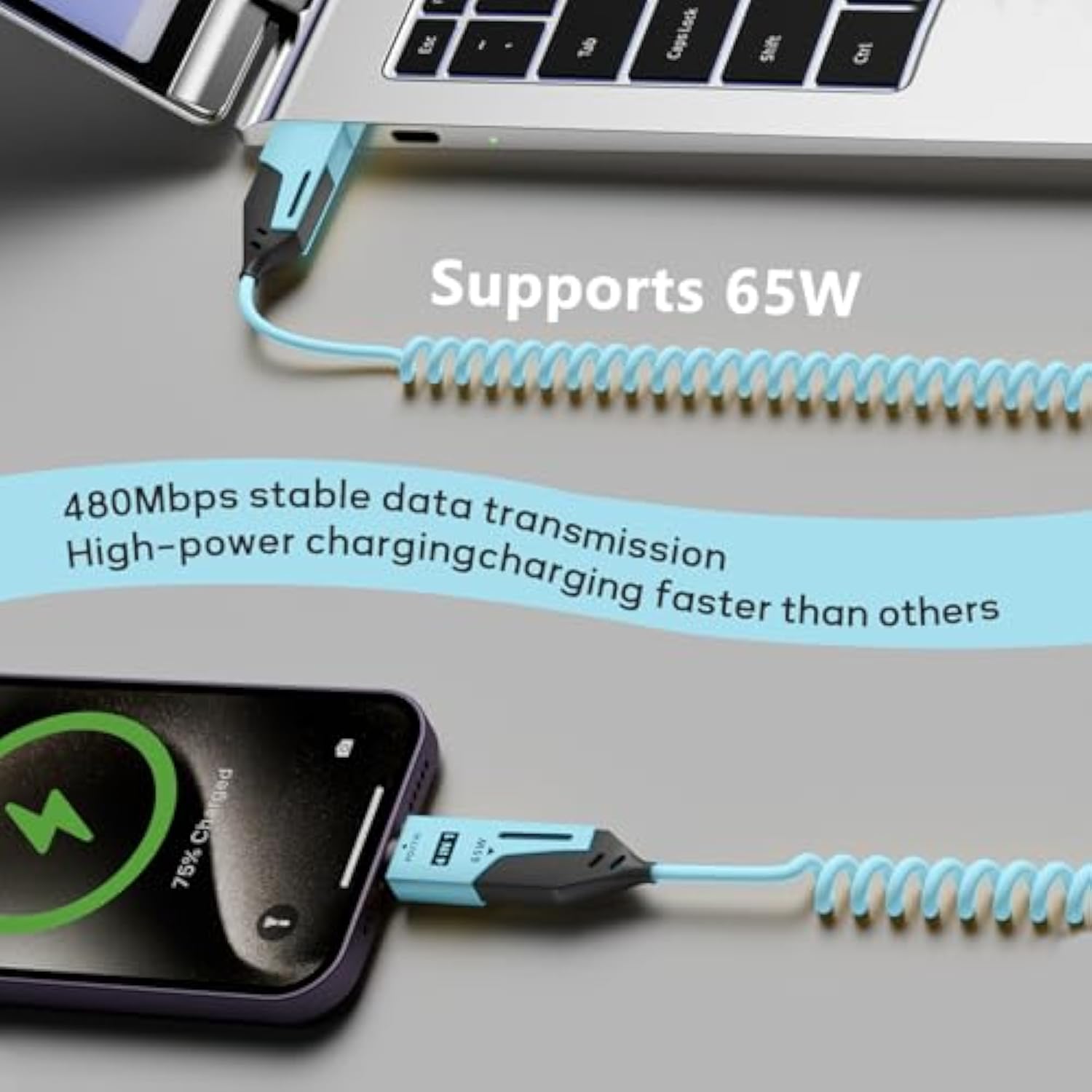 4 In 1 Charging Cable - 65W-4Ft Usb C Coiled Cable,Usb To Usb C Cable For Car,Compatible With Smart Phones?Laptop And More Devices,2 Pack(Blue)