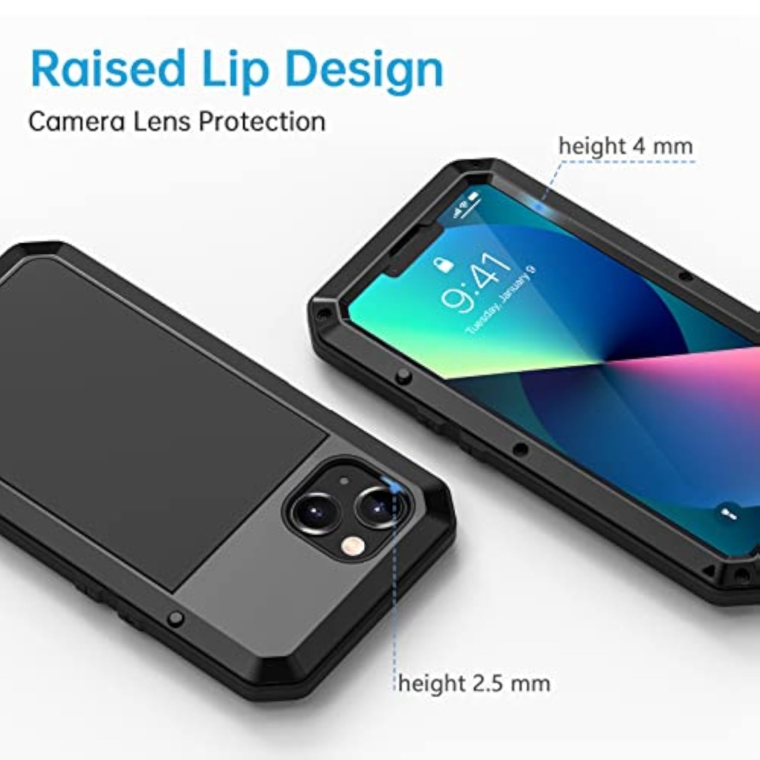 For Iphone 13 Metal Case, Heavy Duty Shockproof Tough Rugged Case With Built-In Glass Screen Protector, 360 Full Body Protective Cover For Iphone 13 6.1 Inch, Black