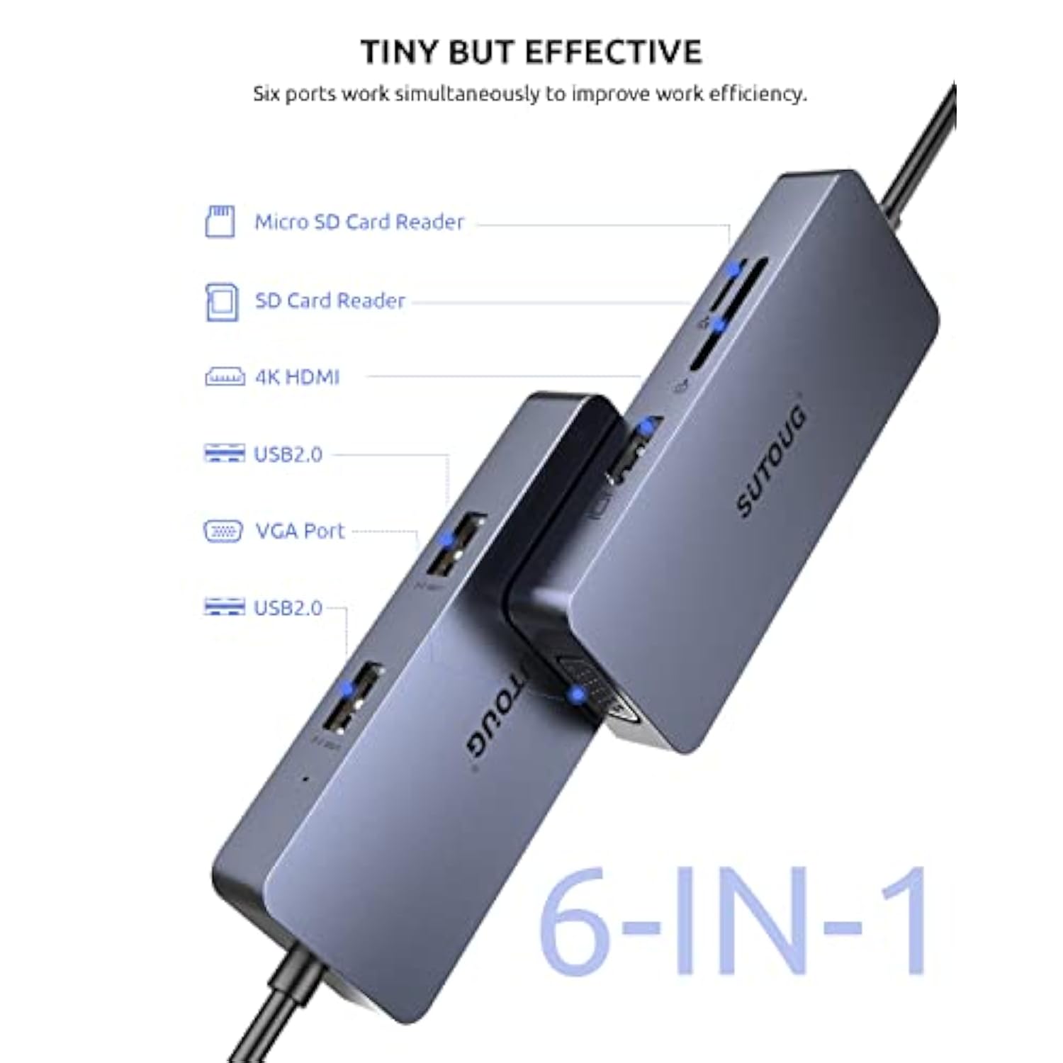 Usb C Hub, Docking Station, 6-In-1 Usb C Adapter, 4K Hdmi Multiport Dongle, Wi