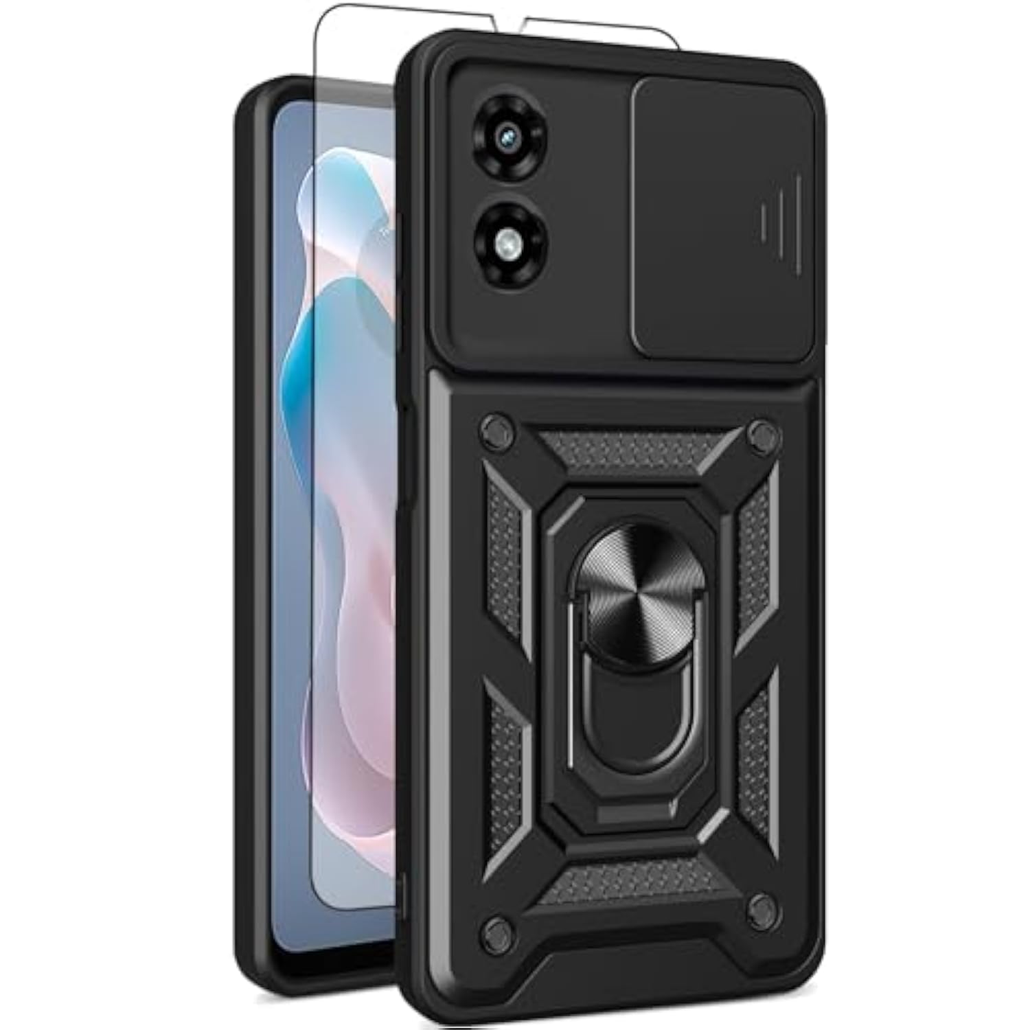 Moto G Play 2024 Case with Screen Protector Sliding Camera Cover Stand Black
