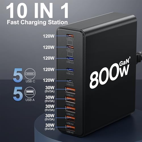 800W USB C Charger Block,10-Port Charging Station GaN Fast Charging Type C & USB A Wall Charger Adapter for MacBook Pro/Air,iPhone,iPad,Dell