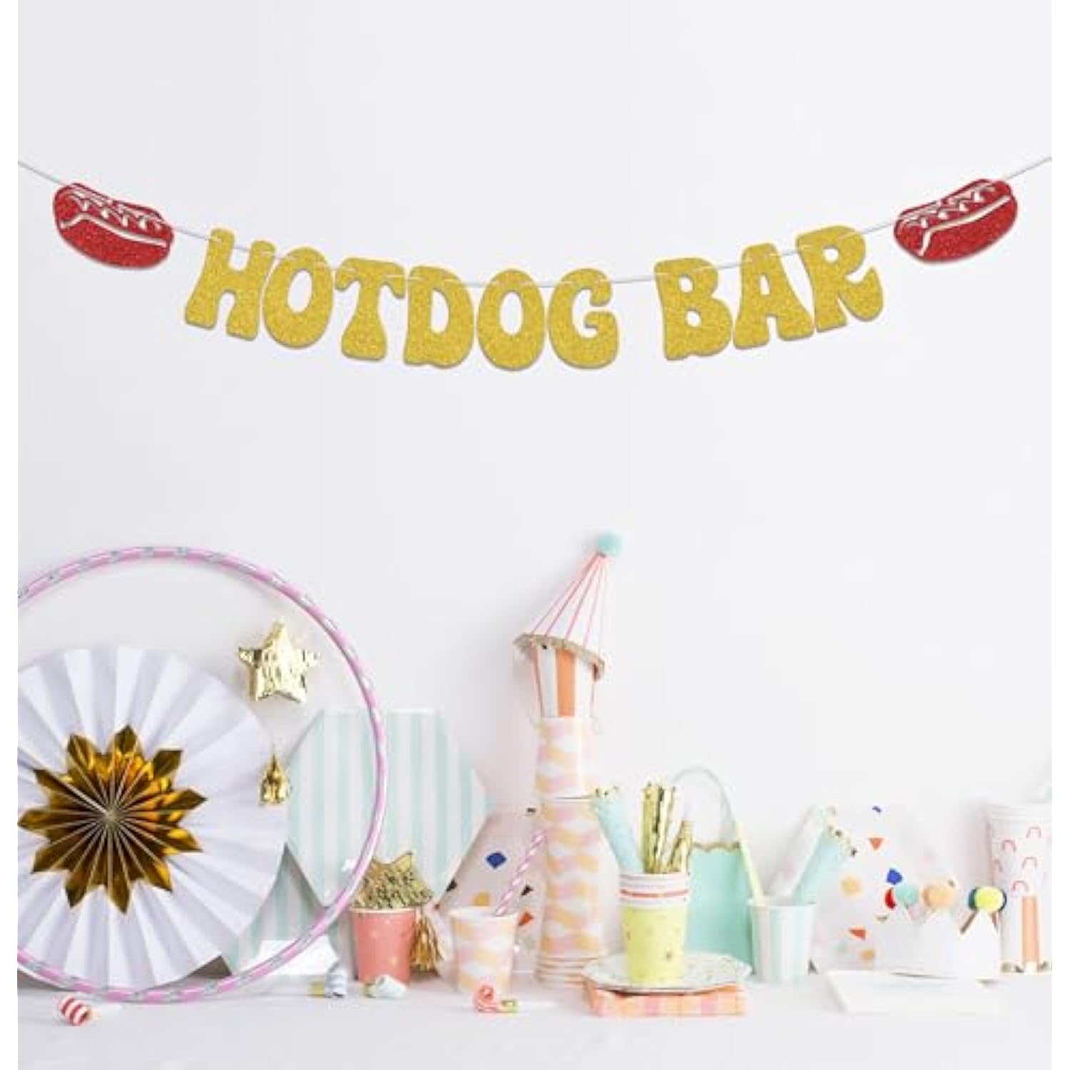Hotdog Bar Banner,Hotdog Birthday Party Decorations,Fiesta Birthday Food Party Decor,Build Your Own Hot Dog Sign,Flaming Hot Dog Sausage Home Party Supplies Gold Red