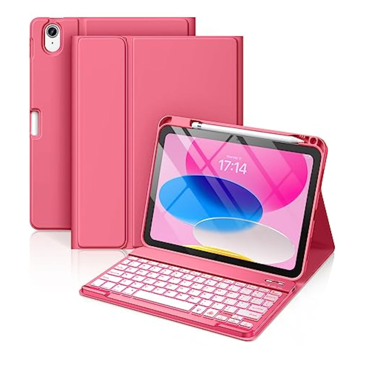 For 11Th 10Th Generation Case With Keyboard - 7 Colors Backlit Wireless Detachable Folio Keyboard Cover With Pencil Holder For 11-Inch A16 2025 10Th Gen 10.9 Inch 2022 (Pink)