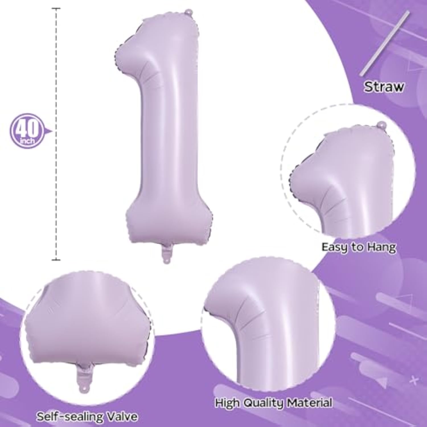 40 Inch Light Purple Number 1 Balloon For 1St Birthday Decoration, Large Pastel Purple Mylar Foil Number Balloons 0-9 For Girls, Lavender One Helium Balloons For Women 1St Anniversary Party Supplies