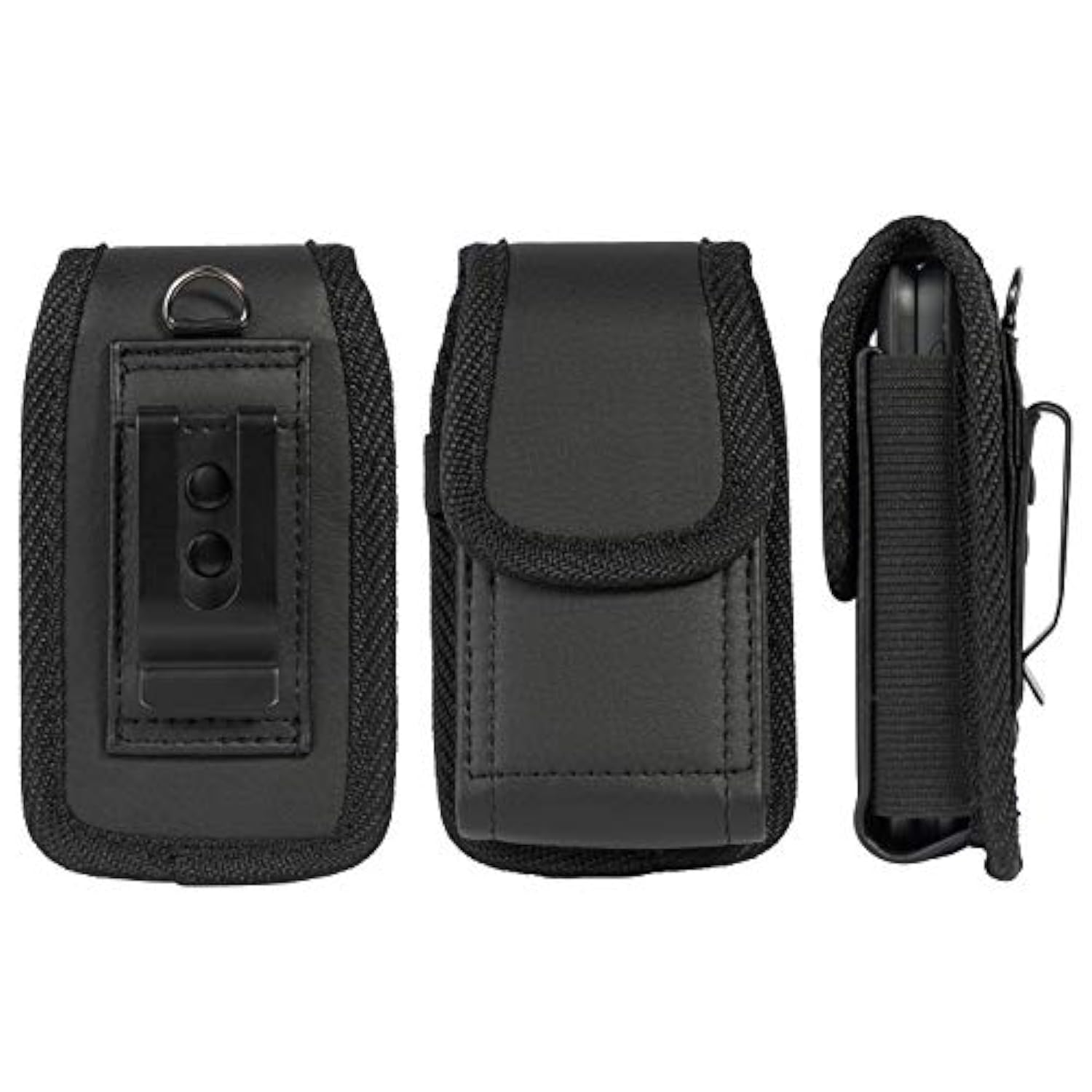 Flip Phone Case, Nakedcellphone Black Vegan Leather Vertical Pouch [with Belt Loop, Metal Clip, Magnetic Closure] for Alcatel Go FlipV, MyFlip, TCL Flip3, Blu Cingular Flex 2, Nokia 2720 2760 2780