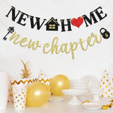 New Home New Chapter Banner — Pre-Strung Black & Gold Glitter Housewarming Decor