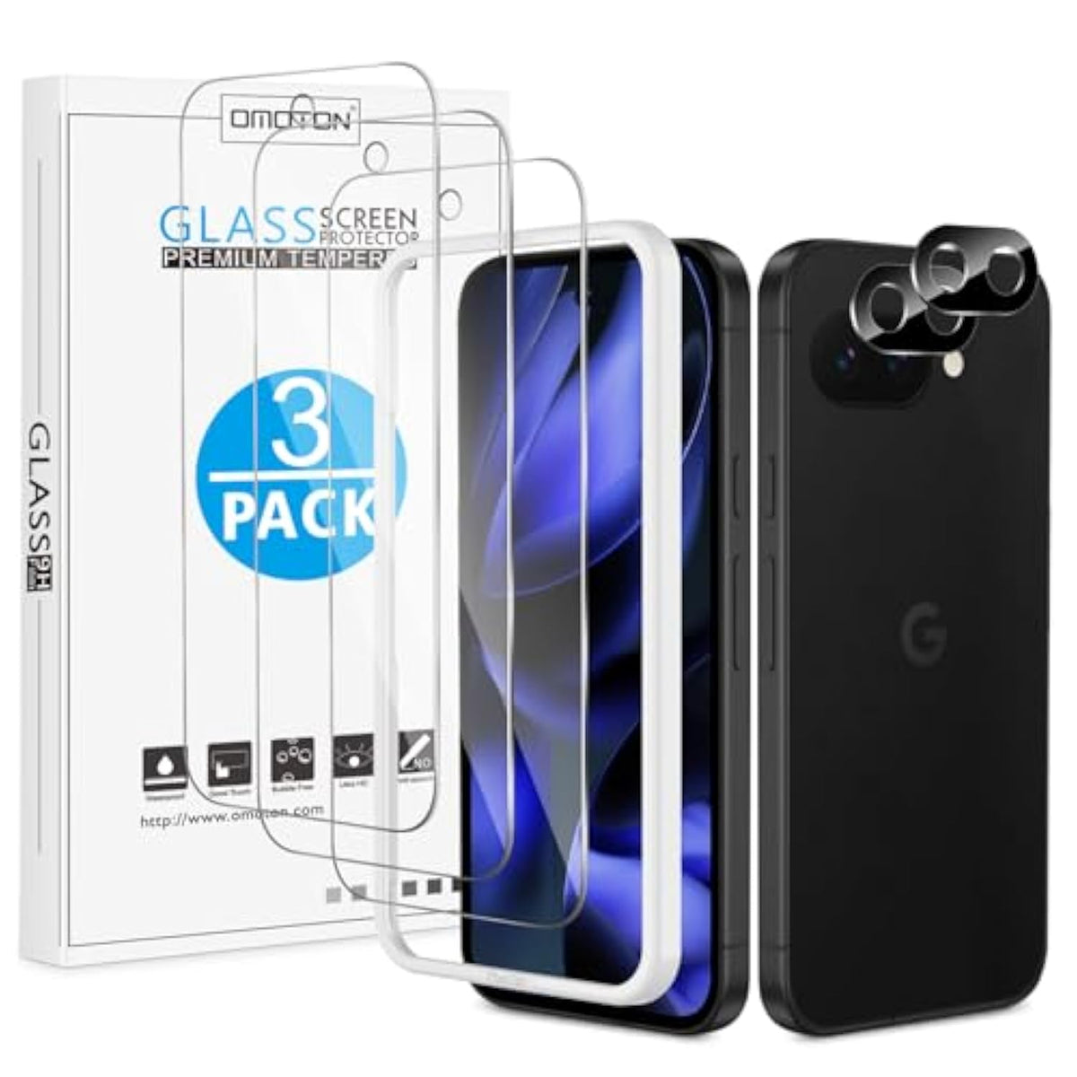 Omoton 3+2 Pack For Google Pixel 9A Screen Protector, 3 Pack Tempered Glass Screen Protector With 2 Pack Camera Lens Protector For Pixel 9A 6.3 Inch 2025 Release, Case Friendly/Fingerprint Support
