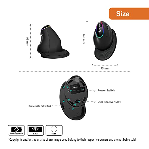 Ergonomic Mouse With Wireless Connection, Removable Palm Rest, Thumb Buttons, Rechargeable Battery, 800 Dpi, Compatible With Windows And Mac Os