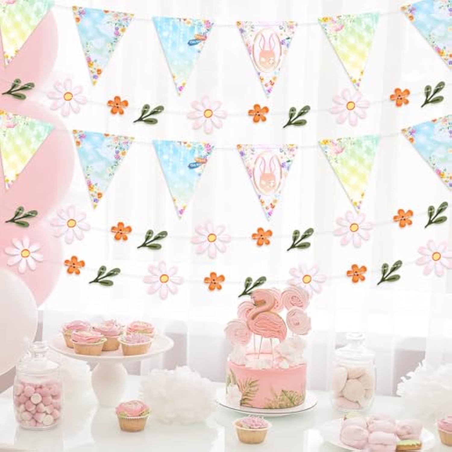 3Pcs Triangle Bunting Banner Garland, Spring Floral Flags Pennant Garlands, Reusable Paper Hanging Decorations, Carnival Theme Birthday Party Outdoor Events Decor Supplies