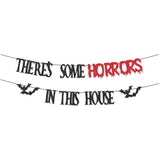 Theres Some Horrors in This House Banner Black Bat Glitter Haunted Party Decor