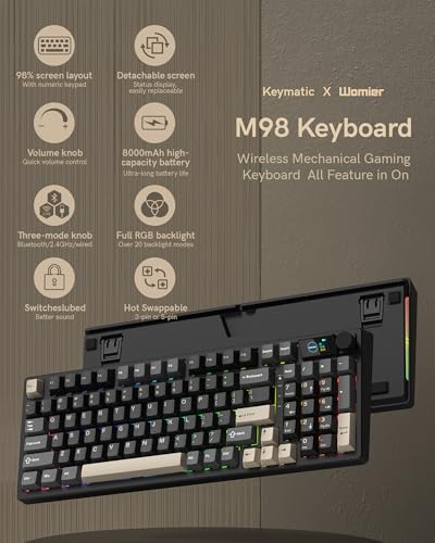M98 Wireless Mechanical Keyboard w/Screen & Knob, 96% Gaming Keyboard BT/2.4G/USB-C, Hot Swappable Custom Gaming Creamy Keyboard,with 8000mAh Battery
