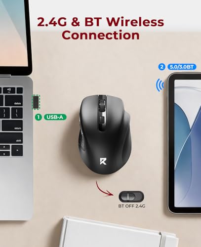 Wireless Mouse Bt5.0/3.0 & 2.4G, 6 Buttons, 5 Level 4000Dpi Bluetooth Mouse, 18 Months Battery, Portable Optical Computer Mice For Laptop, Pc, Chromebook, Windows, Mac-Black